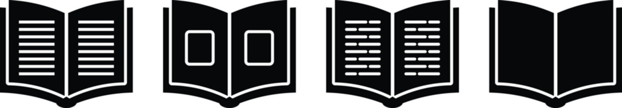 Black open book icons showing different page layouts for reading education literature and library design isolated on white background