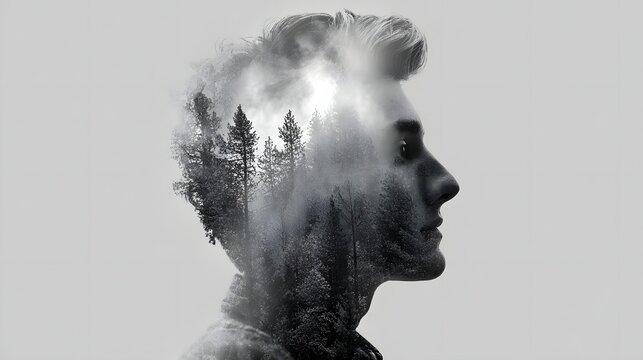 Conceptual double exposure portrait of a man profile and misty pine forest. Abstract psychology background representing mental health, human mind, thoughts, and memory.