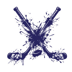 Obraz premium Two crossed ice hockey sticks with a puck in a dark blue ink splatter style isolated on a white background, for sports team, branding or athletic, concepts with a, grunge t-shirt poster