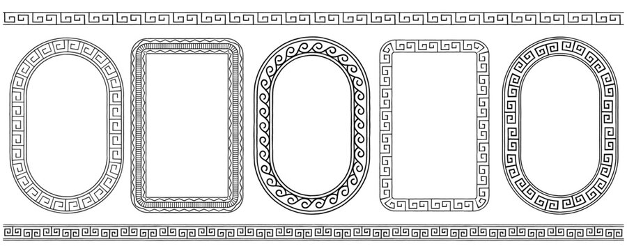 Monochrome frames in Greek meander style, hand-drawn ancient ornamental borders, classic Greek and Roman striped motifs, ethnic vector design in black lines