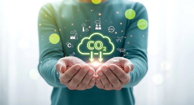 Carbon neutral and net zero concept, hands holding co2 cloud icon with emission sources and reduction arrows