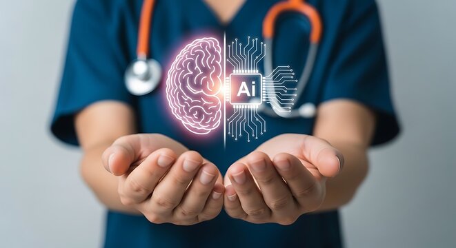Healthcare professional holding a digital graphic of a human brain merging with an artificial intelligence chip