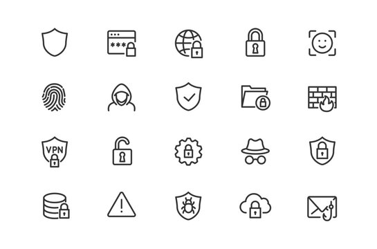 Cybersecurity and data privacy line icons set. Vector illustration of internet security, network protection, hacker, vpn, firewall, password, fingerprint, cloud safety and encryption symbols.