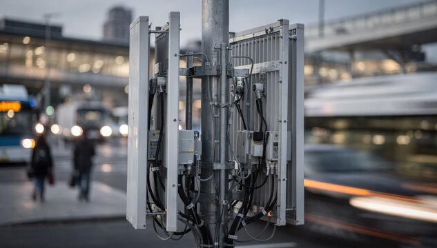 Medium frame of a transport center featuring a 5G massive MIMO antenna array clear antenna details contrasted with blurred vehicles and passenger movement in the distance