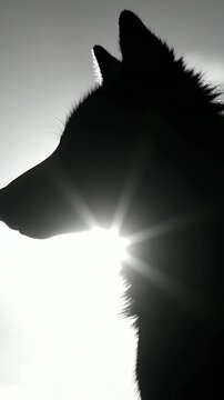 Vertical video: Shifting silhouetted husky holding left profile by sky, sun aligning causing flare