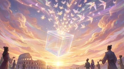 Giant transparent ballot box floating over a modern city financial district at sunset aerial view