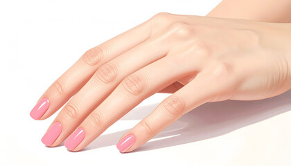 Fototapeta premium The Minimalist Manicure: Serene female hand showing elegant manicure with soft pink nail polish on clean skin, conveying gentle beauty in minimalist style