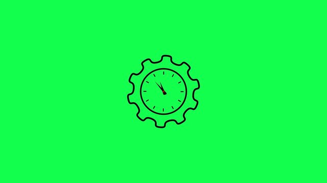 Time management animation with clock and rotating gear icon on a green background. Clock and gear representing efficient workflow. Hour, minute, second, timer, watch, cogwheel animated icon symbol