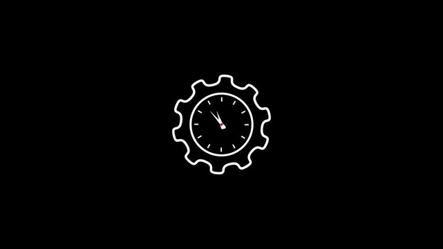 Time management animation with clock and rotating gear icon on a black background. Clock and gear representing efficient workflow. Hour, minute, second, timer, watch, cogwheel animated icon symbol