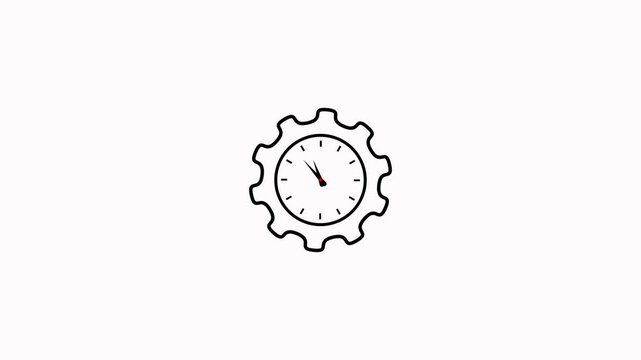 Time management animation with clock and rotating gear icon on a white background. Clock and gear representing efficient workflow. Hour, minute, second, timer, watch, cogwheel animated icon symbol