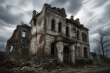 Fototapeta premium A dilapidated, old stone mansion stands under a dramatic, cloudy sky in a desolate outdoor setting.