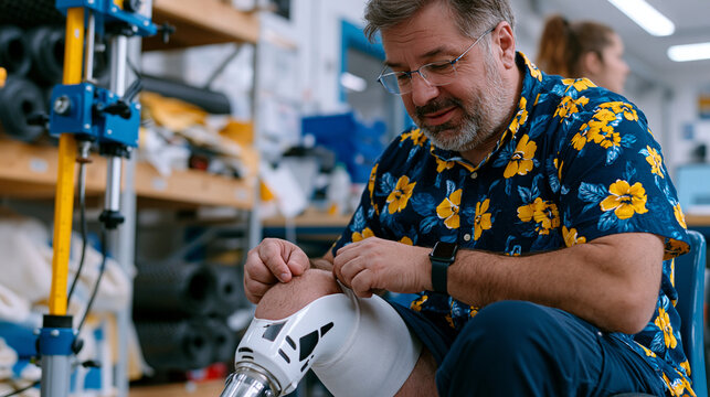 Custom lower-limb prosthetic fitting specialist adjusts a transtibial socket on a patient seated in a clinical fabrication studio, alignment jig and plumb line used to assess stance geometry while l