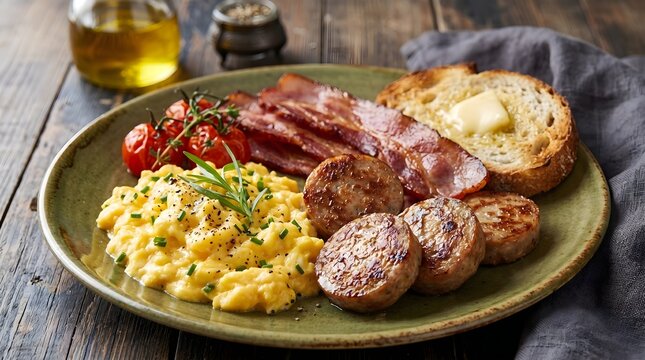 A delicious morning meal consisting of creamy scrambled eggs, grilled sausage patties, crispy bacon, and buttered toast on a green ceramic plate.