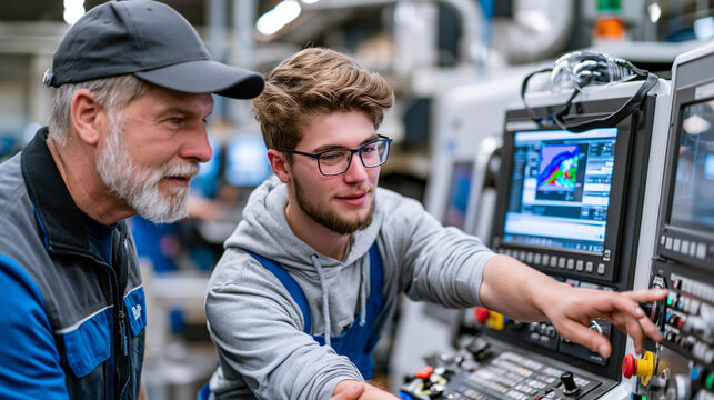 Factory apprenticeship program coordinator pairs young trainee with veteran machinist at a CNC milling station, both studying toolpath simulation on monitor while safety goggles hang ready on the co