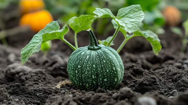 green pumpkin plant growing in natural soil, agricultural growth concept macro photography