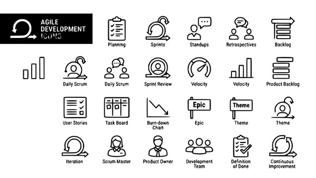 Agile development methodology icons for project management and software engineering