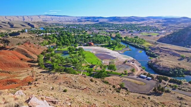 Scenic aerial view from Monument Hill overlooking Hot Springs State Park in Thermopolis Wyoming