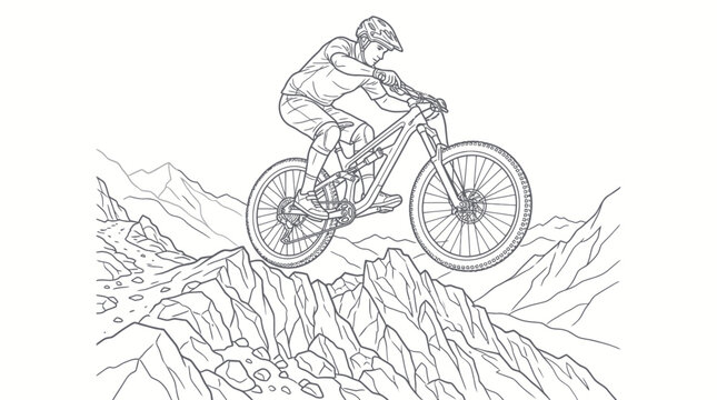 Mountain Biker Jumping Over Rocks Line Art Vector
