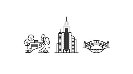 Obraz premium City Park Skyscraper and Bridge Icon Set