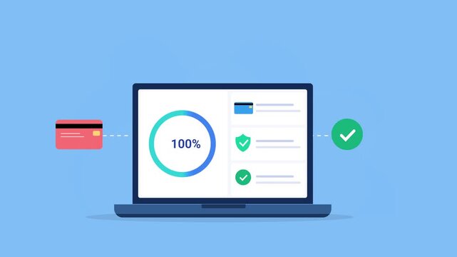 Animated flat vector illustration of a laptop displaying a payment dashboard with progress indicator, credit card, transaction status, and verification icons. Modern digital payment, fintech, and busi