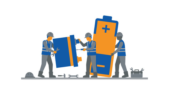 Technicians Repairing Industrial Battery Vector Illustration