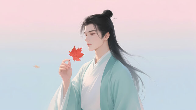 Young man in hanfu under pink and blue sky