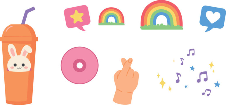 Cute kpop culture icon set with finger heart bubble tea rainbow vinyl and music notes vector