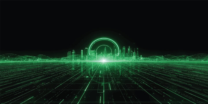 Futuristic Blue and Green Digital Energy Waves with Glowing Binary Light Background