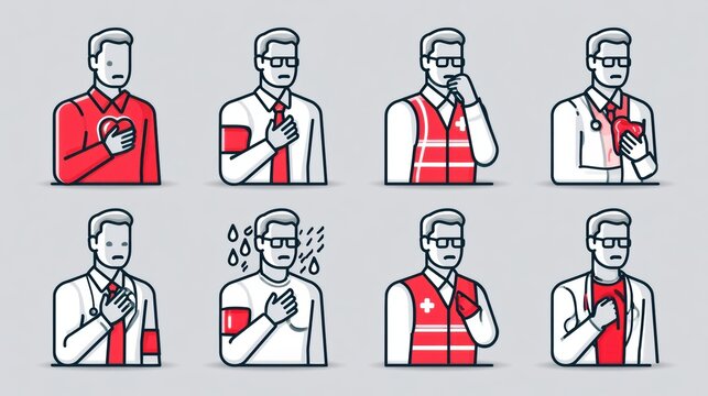 Eight icons representing heart attack symptoms like chest pain, arm pain, sweating, and dizziness in a simple design.