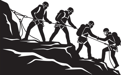 Obraz premium Black silhouette style illustration of four hikers climbing mountain with ropes isolated on white background for teamwork design