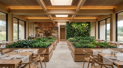 Fototapeta premium Modern Restaurant Interior with Lush Greenery and Wooden Accents 1.