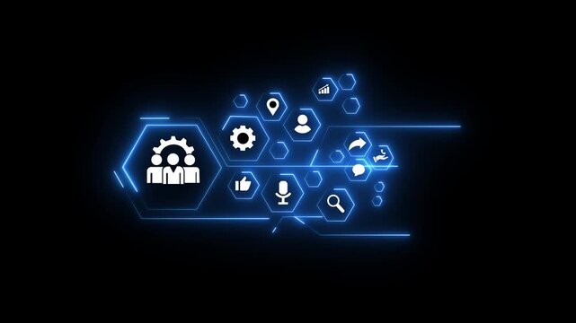 A professionals engages in a collaborative over illustrating business concepts with innovative graphics and icons that symbolize teamwork and strategy. Trope black background.