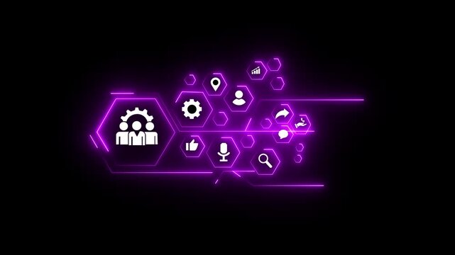 A professionals engages in a collaborative over illustrating business concepts with innovative graphics and icons that symbolize teamwork and strategy. Trope black background.