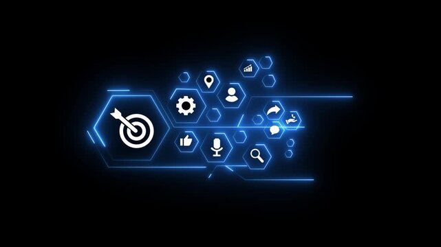 A professionals engages in a collaborative over illustrating business concepts with innovative graphics and icons that symbolize teamwork and strategy. Trope black background.