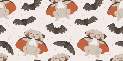 Obraz premium Seamless Halloween pattern with cute vampire bunny and flying bats. Adorable animal characters for fabric, textile, nursery and seasonal designs. Flat vector illustration.