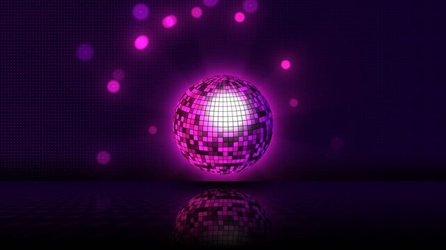4K Synthwave retro disco ball VJ loop, 3D neon pink mirror sphere animation, 80s outrun dance party motion graphic