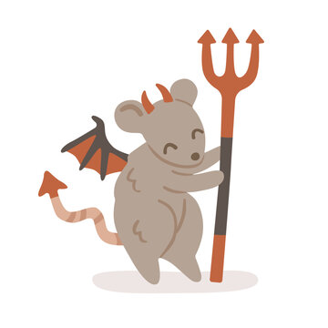 Cute mouse dressed as a little devil with horns, wings, tail and trident. Adorable Halloween animal character isolated on background. Flat vector illustration.