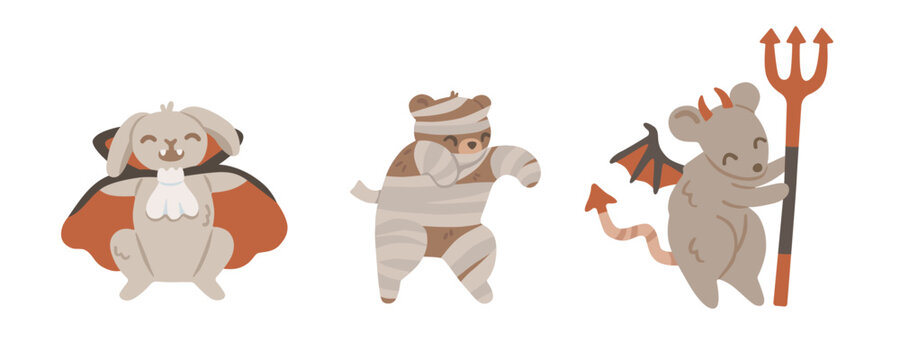 Cute Halloween animal characters featuring a vampire bunny, mummy bear and devil mouse. Adorable forest animals in costumes, isolated on background. Flat vector illustration.