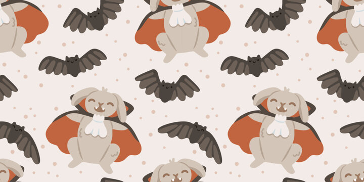 Seamless Halloween pattern with cute vampire bunny and flying bats. Adorable animal characters for fabric, textile, nursery and seasonal designs. Flat vector illustration.