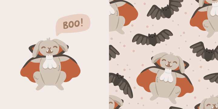 Cute Halloween set with vampire bunny, flying bats and seamless pattern. Adorable animal characters for textile, fabric, nursery and seasonal designs. Flat vector illustration.