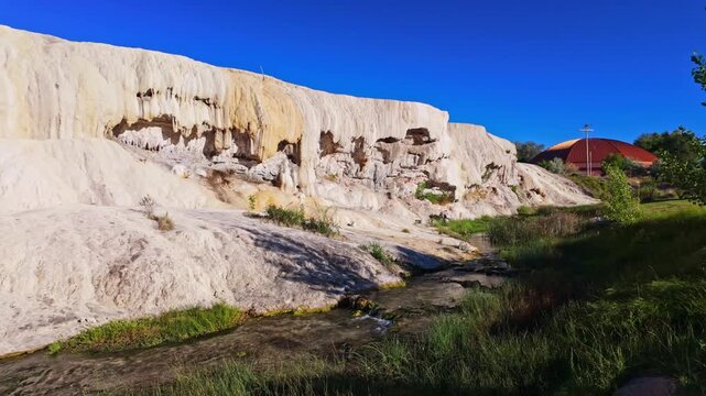Scenic view of the Rainbow Terraces and mineral pools at Hot Springs State Park in Thermopolis Wyoming