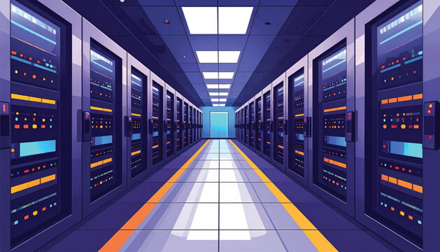 Large computer server storage room interior.
