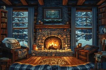Fototapeta premium Cozy log cabin living room with a fireplace and snow covered windows.