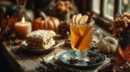 Fototapeta premium Cozy autumn evening with hot spiced drink and seasonal harvest decor.