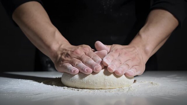 Baker hands kneading dough for bread, pastry and pizza in kitchen with flour and professional technique. Chef, bakery and cooking with artisan dough, yeast and homemade food for restaurant menu