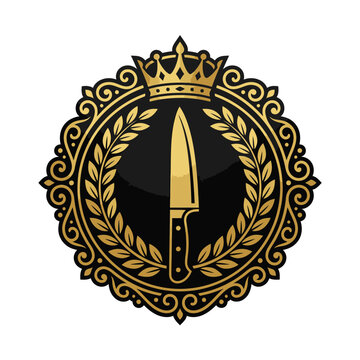 Royal chef knife emblem with laurel wreath.