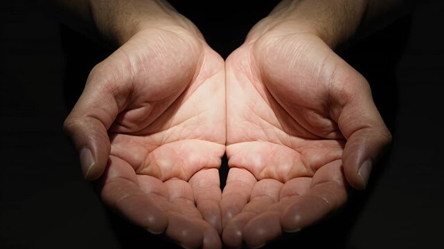 Cupped hands, prayer and charity with hope for support, help and giving. Religion, man and palms in dark for faith, spirituality and begging with kindness, mercy and humanity for peaceful living now.