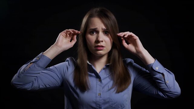 Stress, headache and woman with migraine in studio for mental health, anxiety and pain. Adult, employee and burnout with tension, pressure and feeling sick while working late on black background