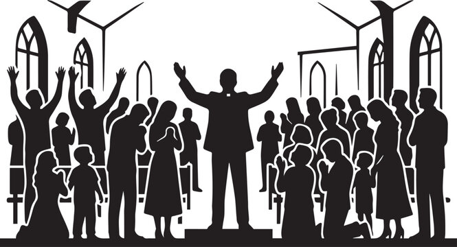 Silhouette of joyful diverse church congregation with pastor and kids in Gothic windows background, white isolated backdrop