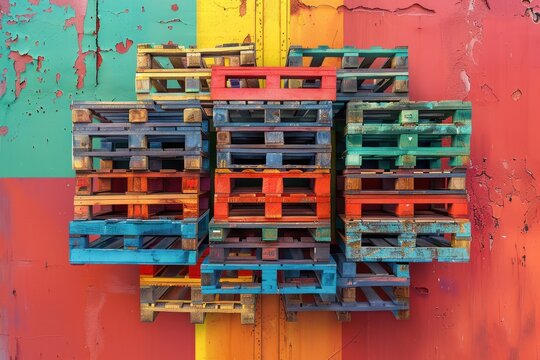 A stack of colorful wooden pallets against a brightly painted wall.